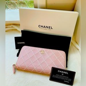 Authentic CHANEL crisscross pink zip wallet with dustbag, box, and COA cards
